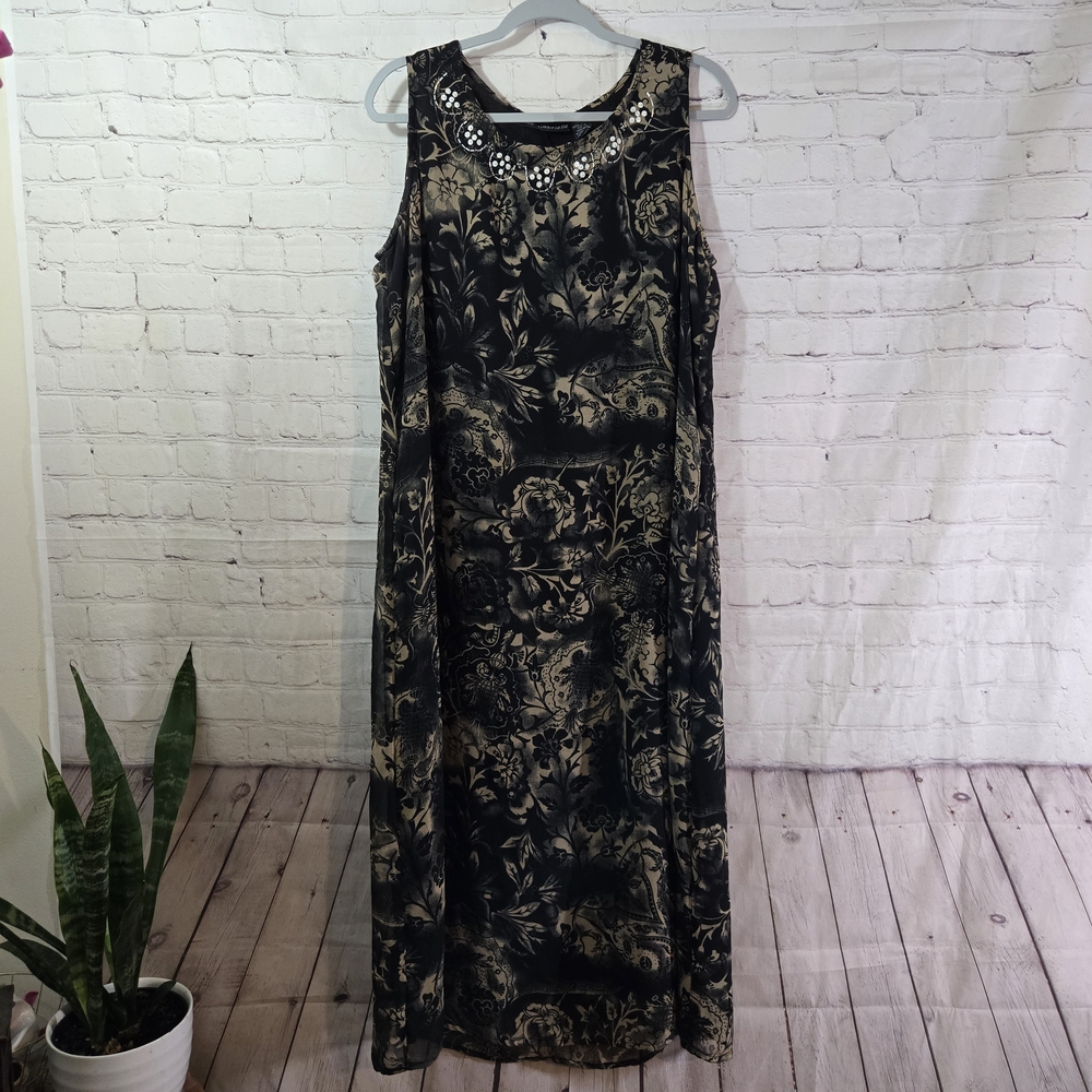 Vtg‎ 90s Mile Gabrielle Floral Dress Sz 1X Dark Floral Beaded Neck Grunge Sheer